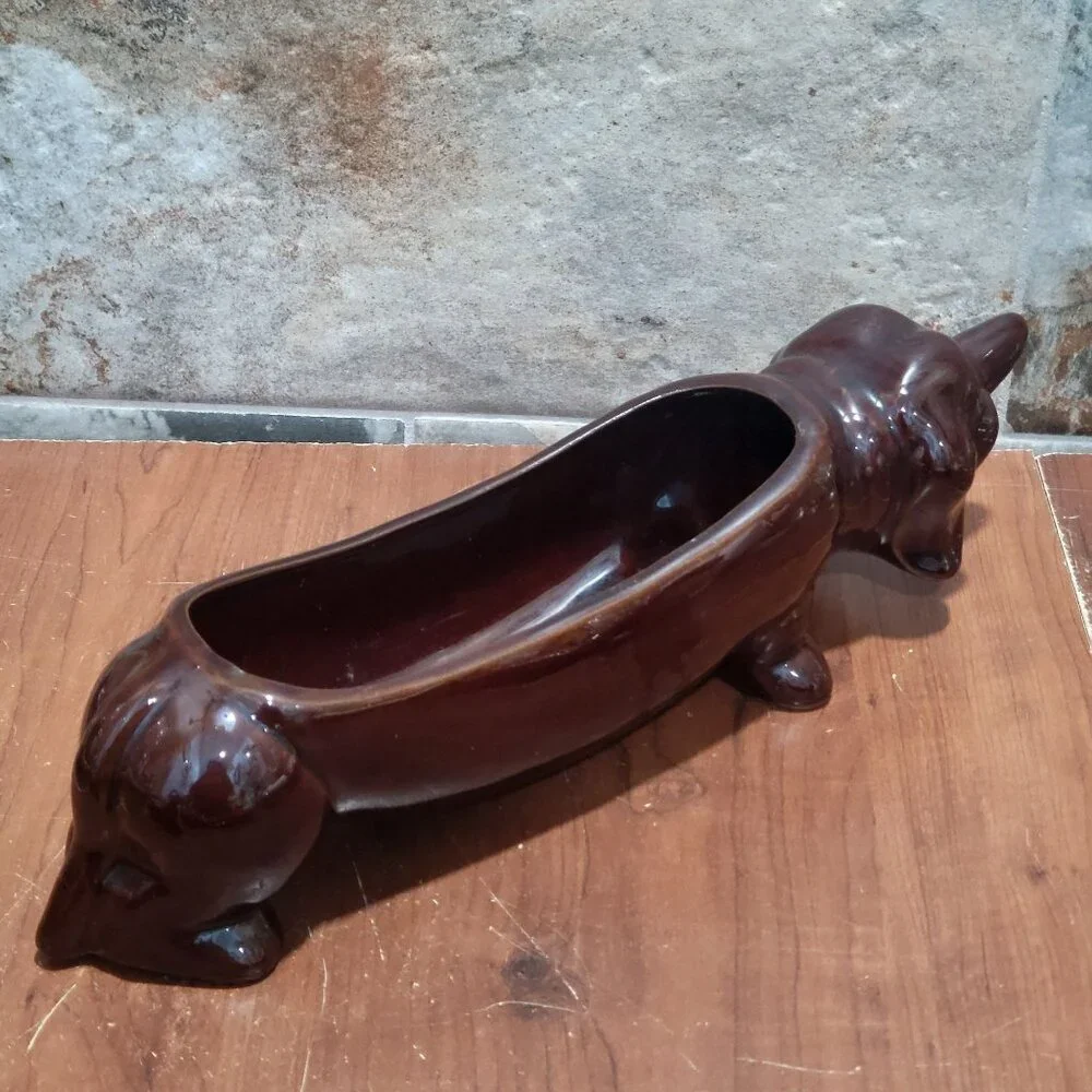 Vintage Dachshund Dog Ceramic Cracker Tray Planter Brown Glazed